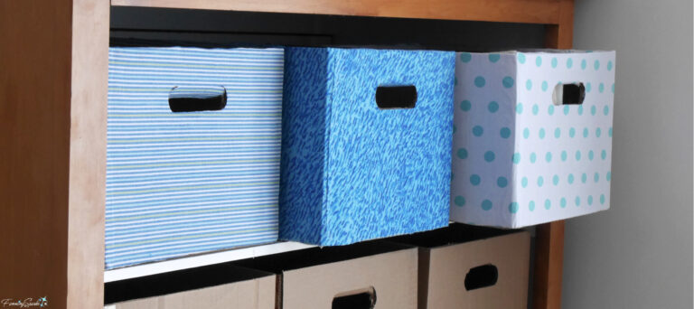 Repurposed Cardboard Storage Bins in Cabinet @FanningSparks