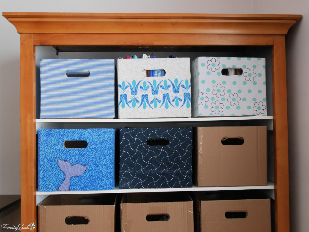 Repurposed Cardboard Storage Bins in Cabinet – Progress to Date   @FanningSparks