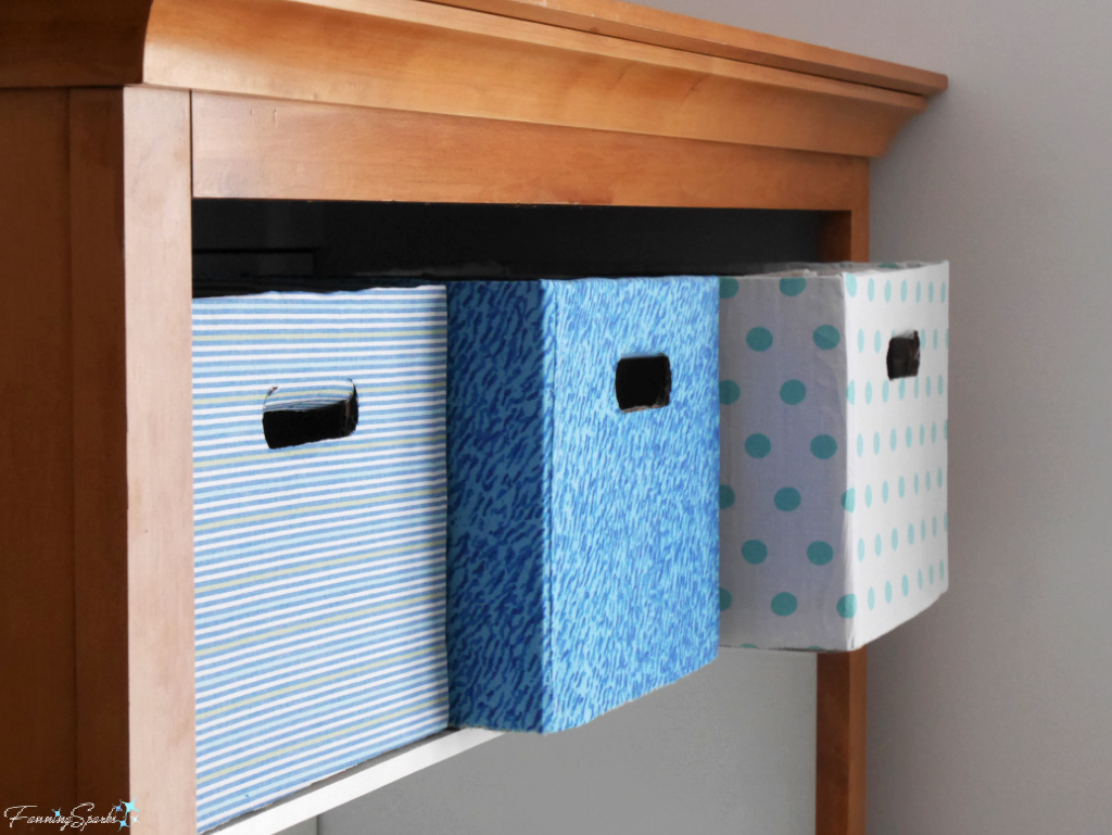 Repurposed Cardboard Storage Bins in Cabinet   @FanningSparks