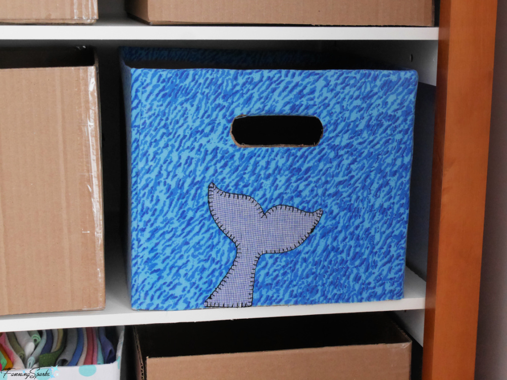 Repurposed Cardboard Storage Bins with Applique Whale Tail on Blue Print   @FanningSparks