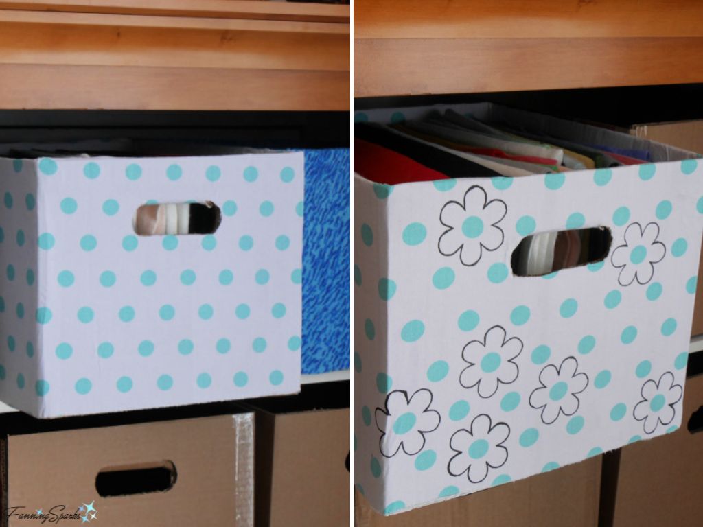 Repurposed Cardboard Storage Bins with Drawn Flowers Before and After   @FanningSparks