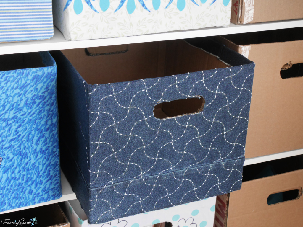 Repurposed Cardboard Storage Bins with Sashiko Stitching on Denim   @FanningSparks