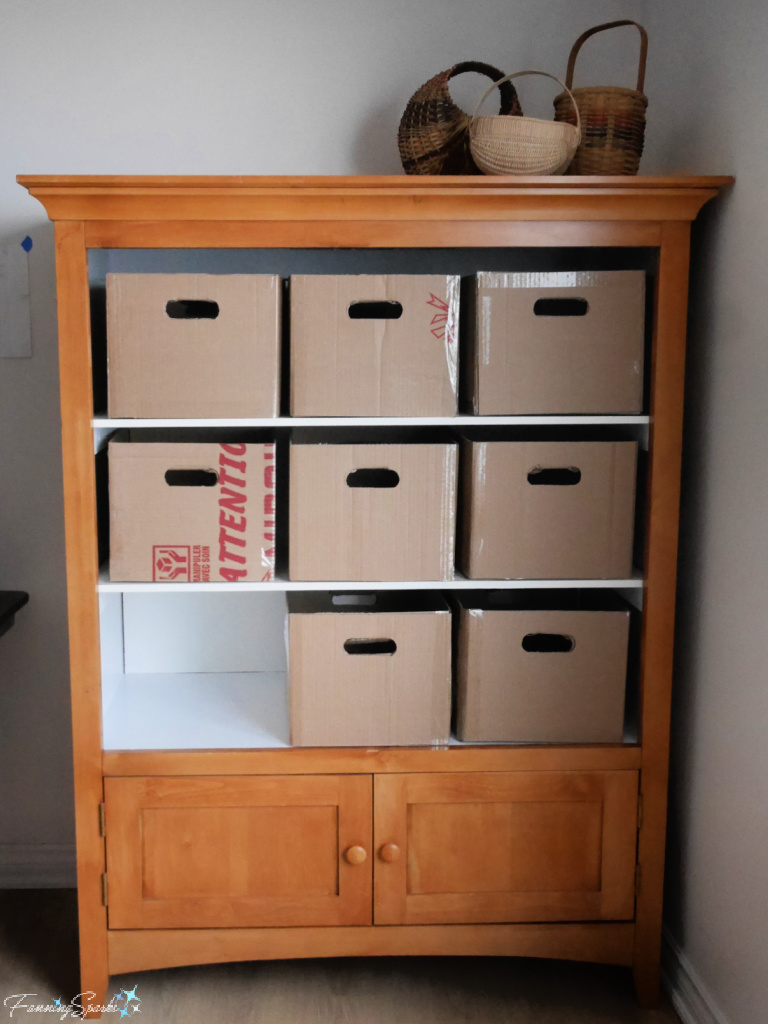 Uncovered Repurposed Cardboard Storage Bins in Cabinet   @FanningSparks