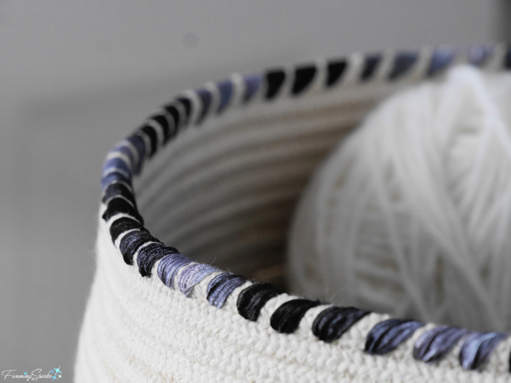 Variegated Ribbon Yarn Whip-Stitched on Top Edge of Coiled Rope Barrel-Shaped Basket @FanningSparks