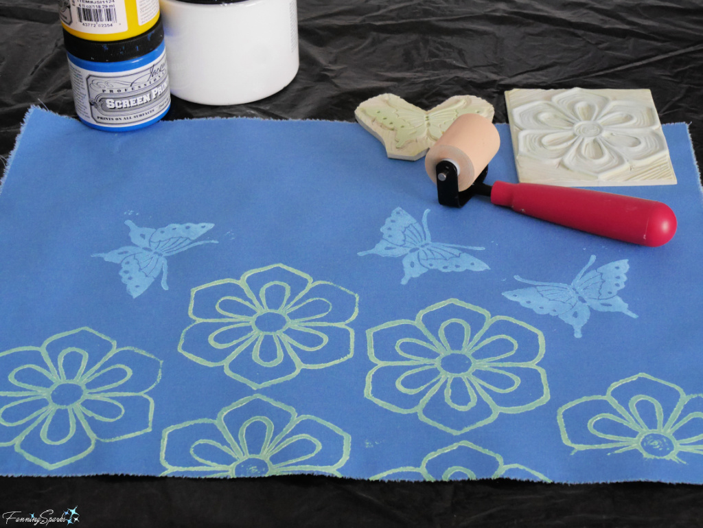 Linocut Printed Blooms and Butterflies in Progress   @FanningSparks