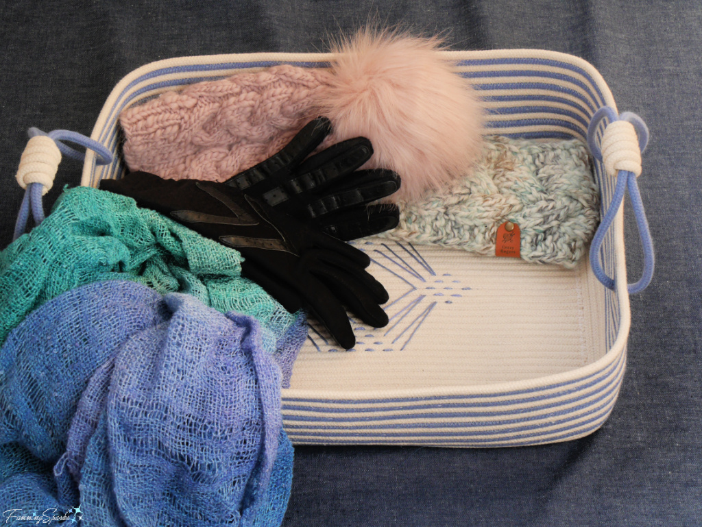 My New Coiled Rope Rectangular Basket Holding Winter Gear @FanningSparks
