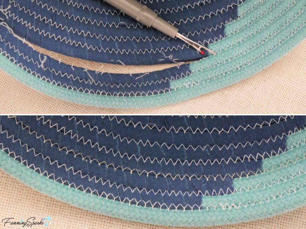 Repairing Flawed Stitches on Three-Color Swirl Coiled Rope Basket  @FanningSparks
