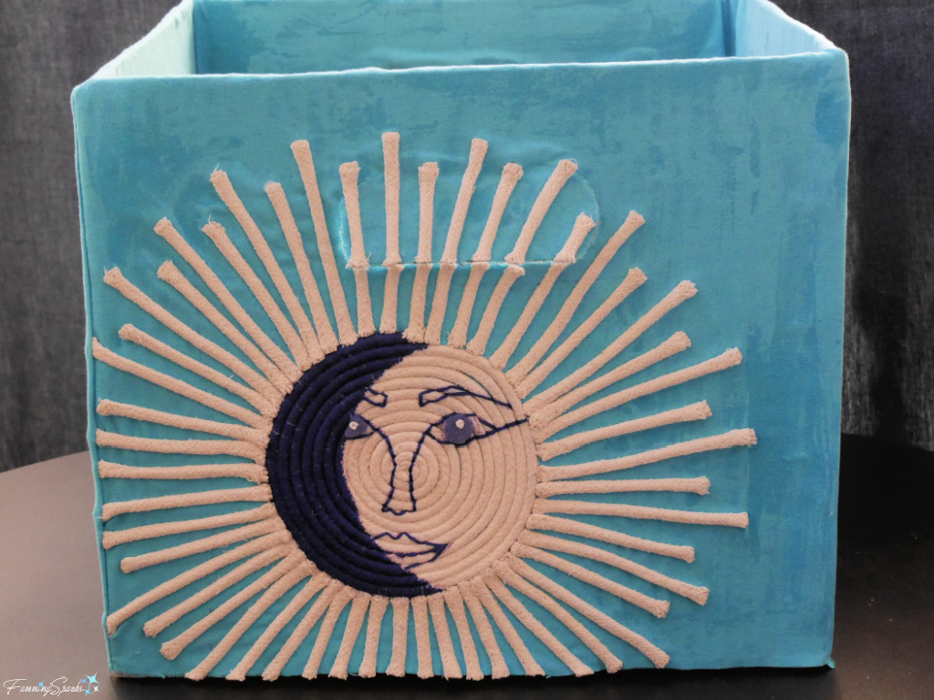 Repurposed Cardboard Storage Bin with Couched Rope Sun Face   @FanningSparks