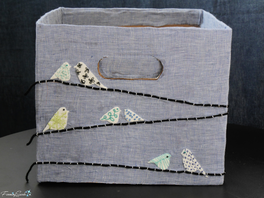Repurposed Cardboard Storage Bin with Embroidered Birds on Wires   @FanningSparks
