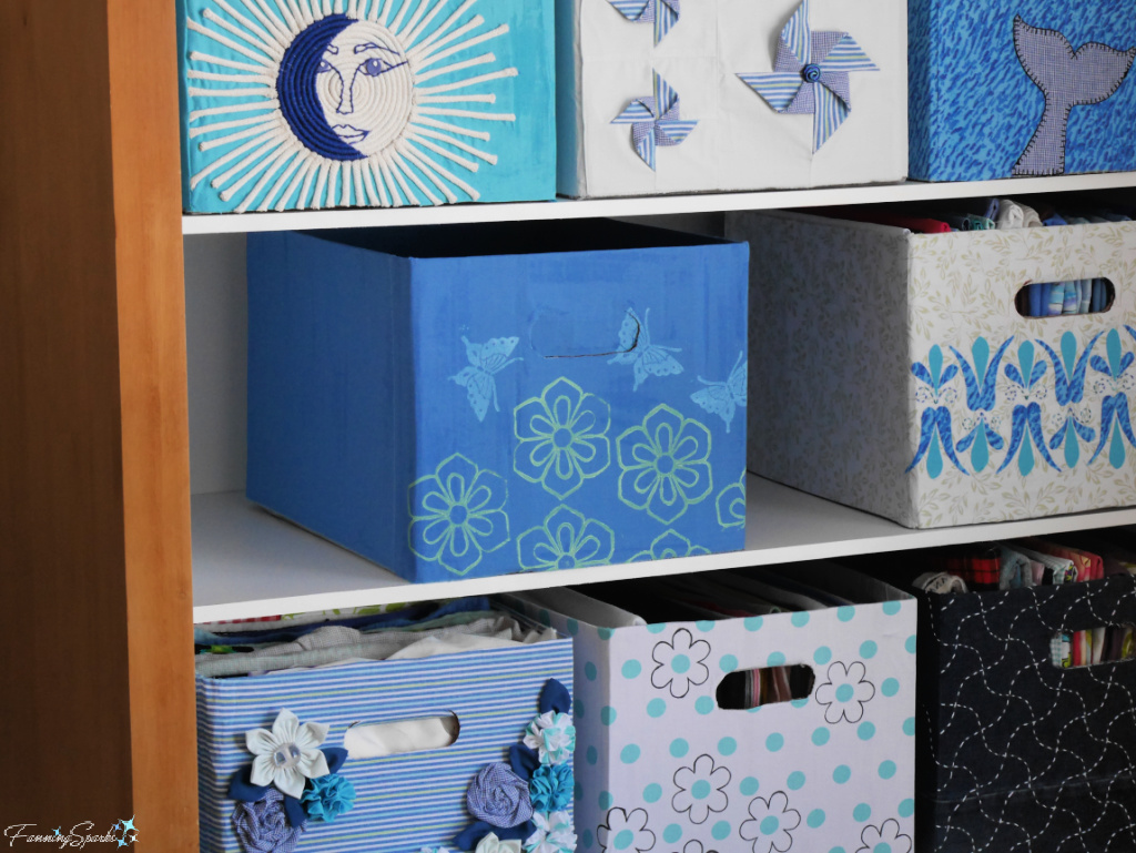 Repurposed Cardboard Storage Bin with Linocut Printed Butterflies in Cabinet   @FanningSparks