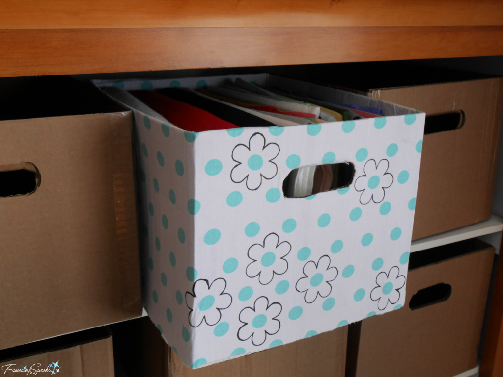 Repurposed Cardboard Storage Bins with Drawn Flowers on Aqua Dots   @FanningSparks