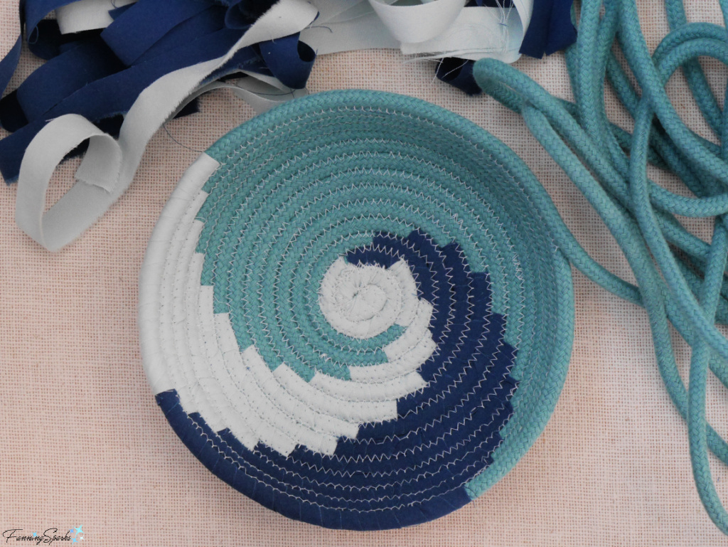Swirl Design in Progress on Three-Color Swirl Coiled Rope Basket   @FanningSparks