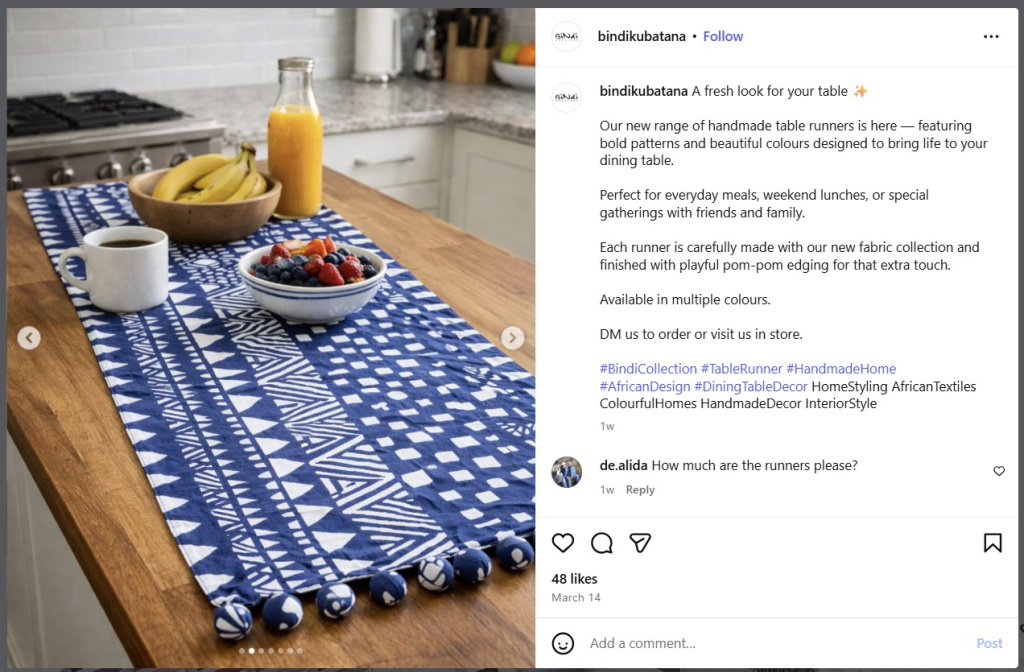 Table Runner Hand-Printed Fabric by Bindi Kubatana  - from Insta