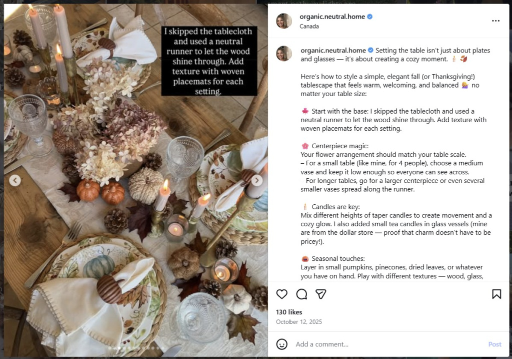 Table Runner on Thanksgiving Table by Organic Neutral Home - from Insta