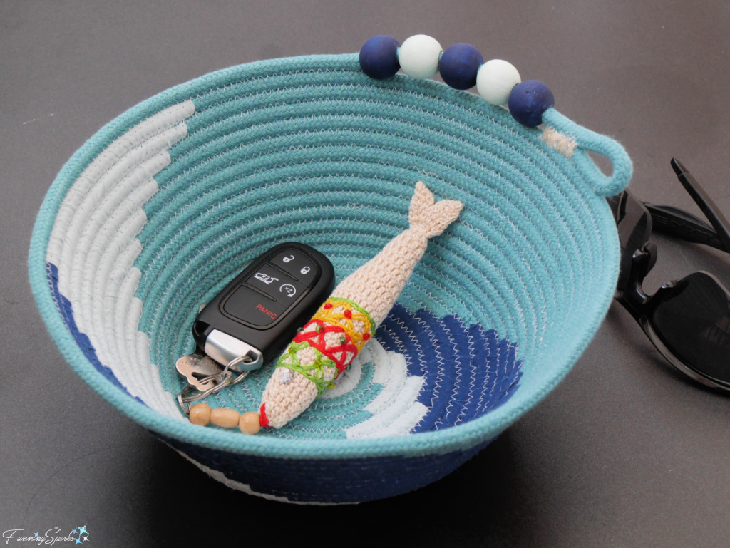 Three-Color Swirl Coiled Rope Basket in Use   @FanningSparks