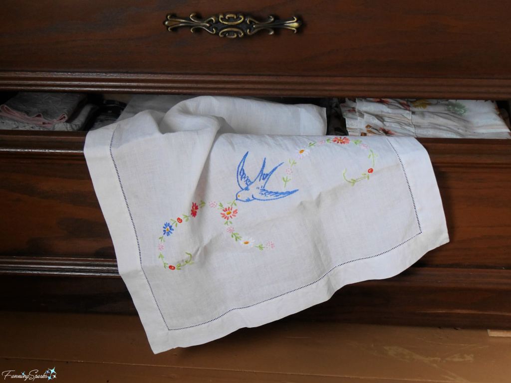 Vintage Hand-Embroidered Dresser Scarf on Drawer   @FanningSparks