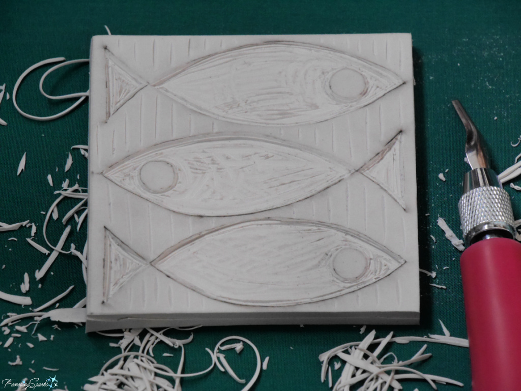 Carving Linocut Block with Fish Design   @FanningSparks