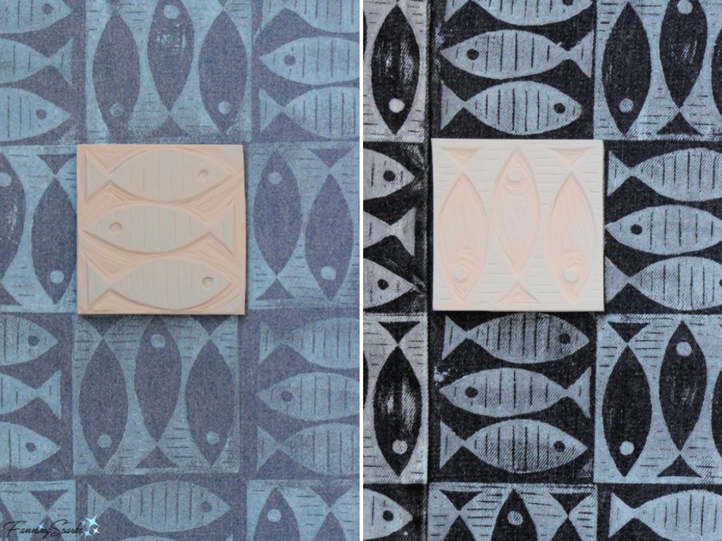 Linocut Blocks on My Printed Fish Motif Fabrics   @FanningSparks