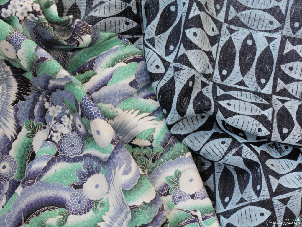 My Hero Fabric and Linocut Printed Fish on Repurposed Denim   @FanningSparks