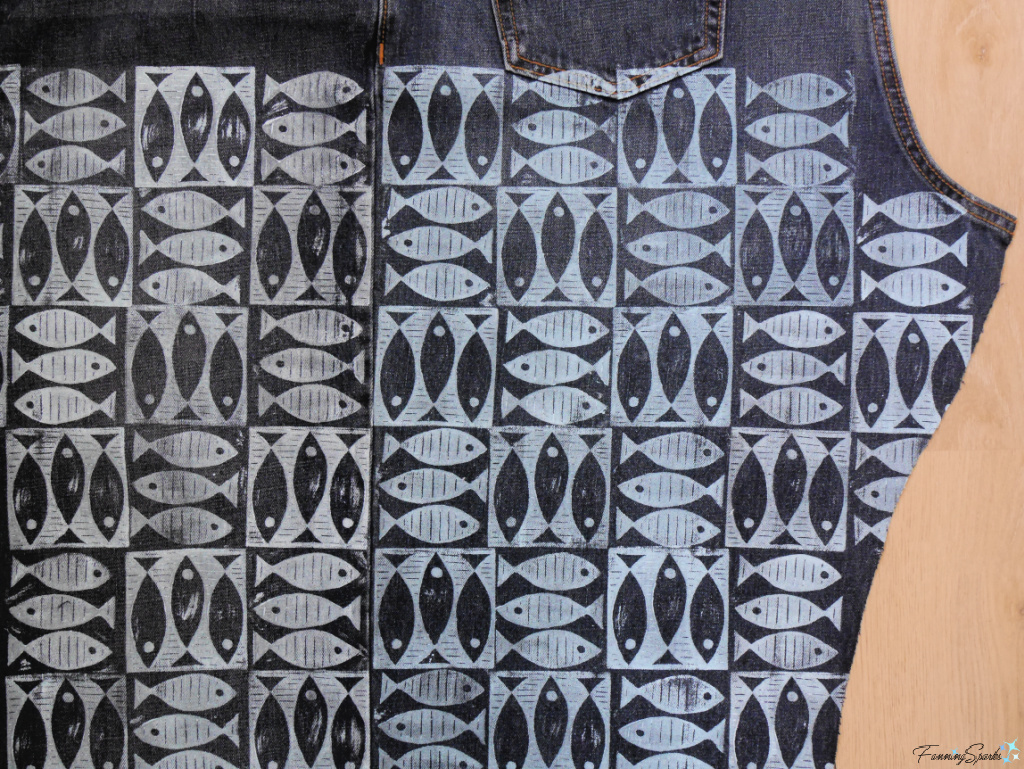 My Linocut Printed Fish Pattern on Repurposed Denim   @FanningSparks