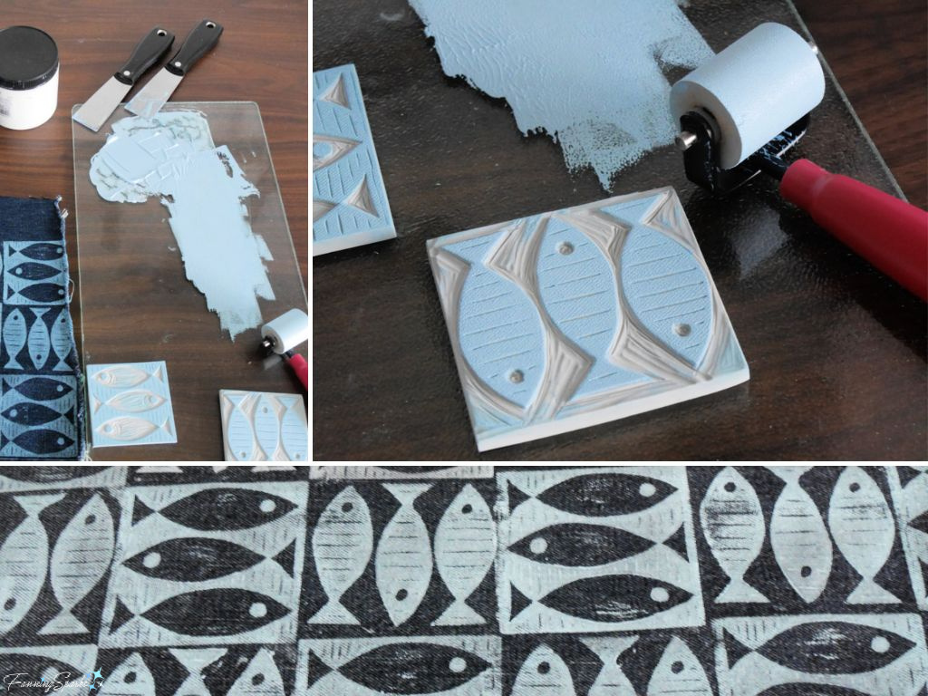 Printing Fish Pattern on Denim with Linocut Blocks   @FanningSparks