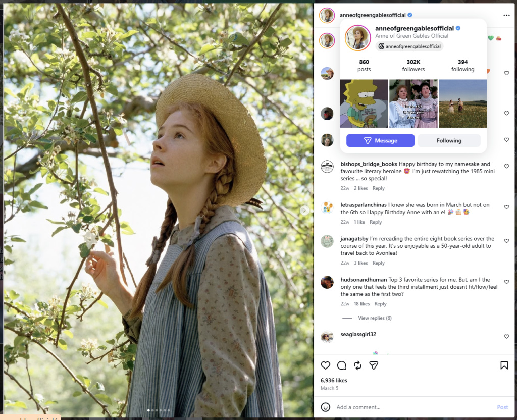 Anne of Green Gables with Straw Hat – from Instagram