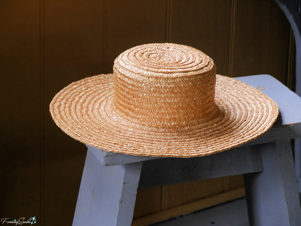 Closeup of Hand-woven Straw Hat on Stool at Ross Farm Museum   @FanningSparks