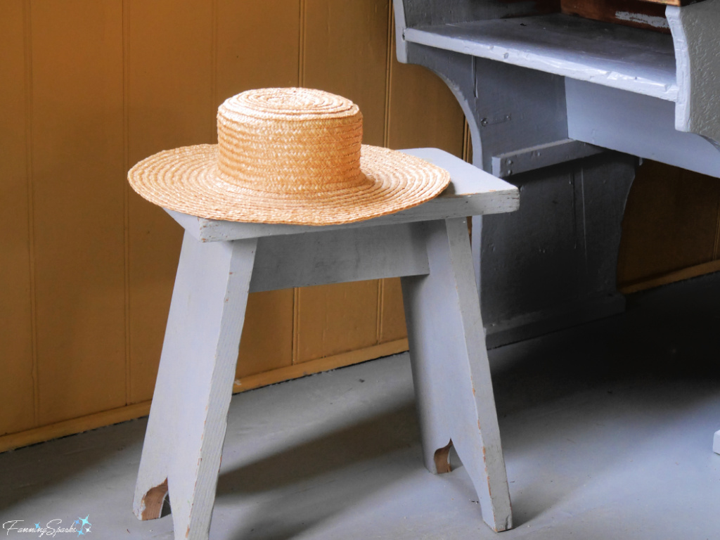 Hand-woven Straw Hat on Stool at Ross Farm Museum @FanningSparks