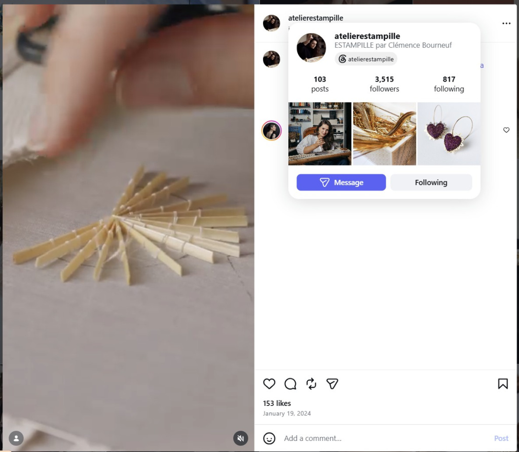 Straw Embroidery Work in Progress by Clémence Bourneuf of Estampille – from Insta