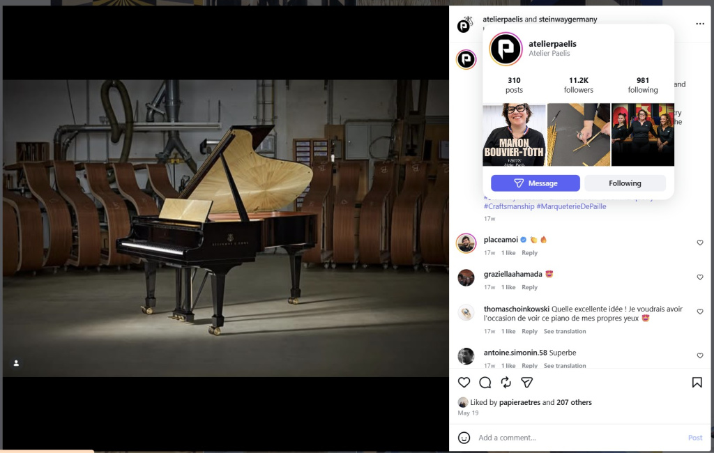Straw Marquetry on Grand Piano by Manon Bouvier-Toth of Atelier Paelis – from Insta