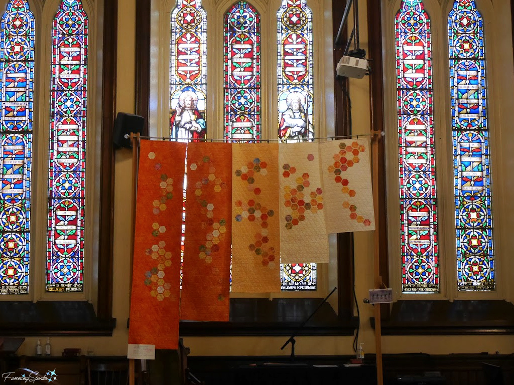 Cascading Hexagons Stair Panels by Ruth Camrass with Stained Glass Windows   @FanningSparks
