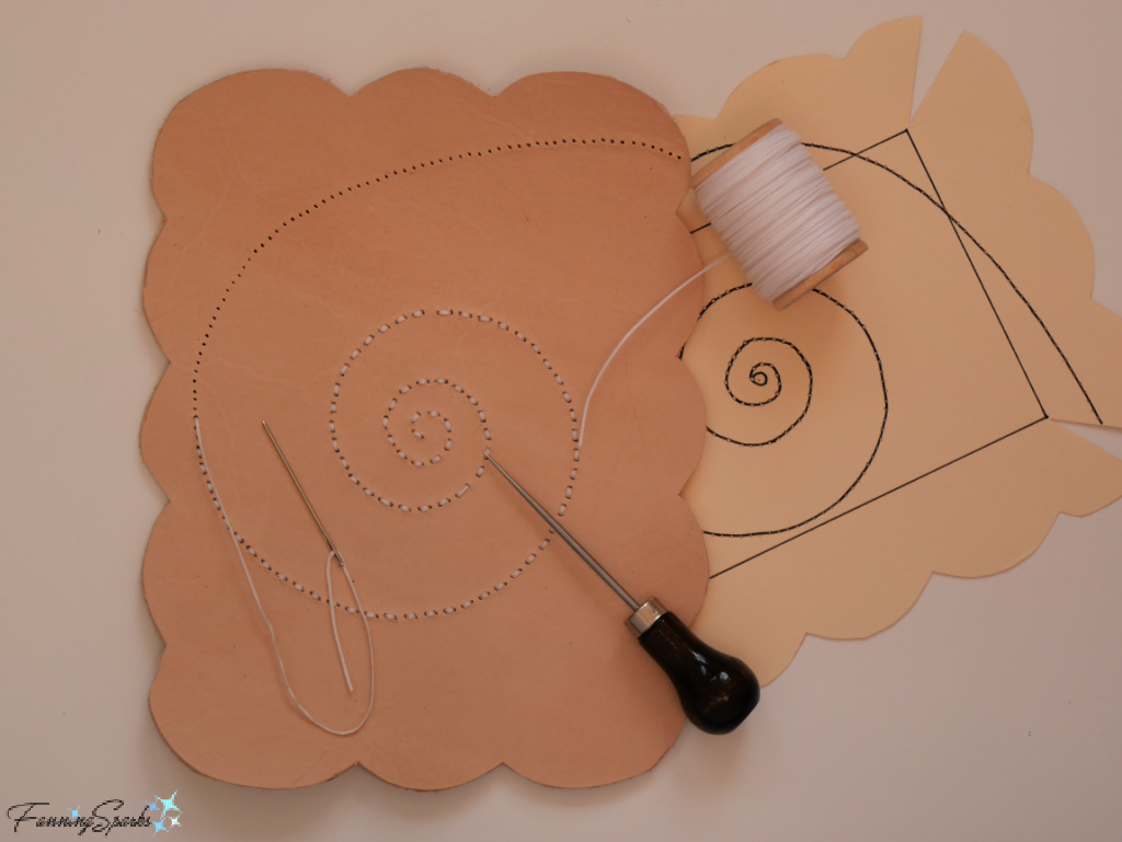 Piercing and Stitching Spiral Design on Leather Flower Frame  @FanningSparks